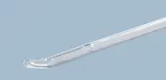 Close-up of a medical catheter with a specialized tapered coudé tip.